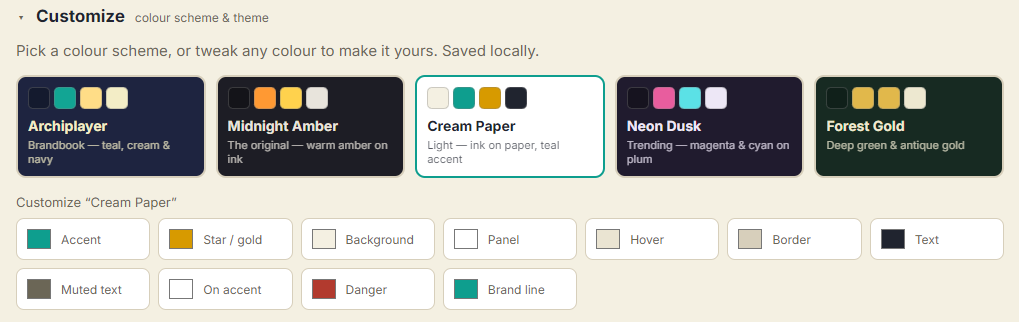 Archiplayer theme editor with five colour presets and individual colour controls.