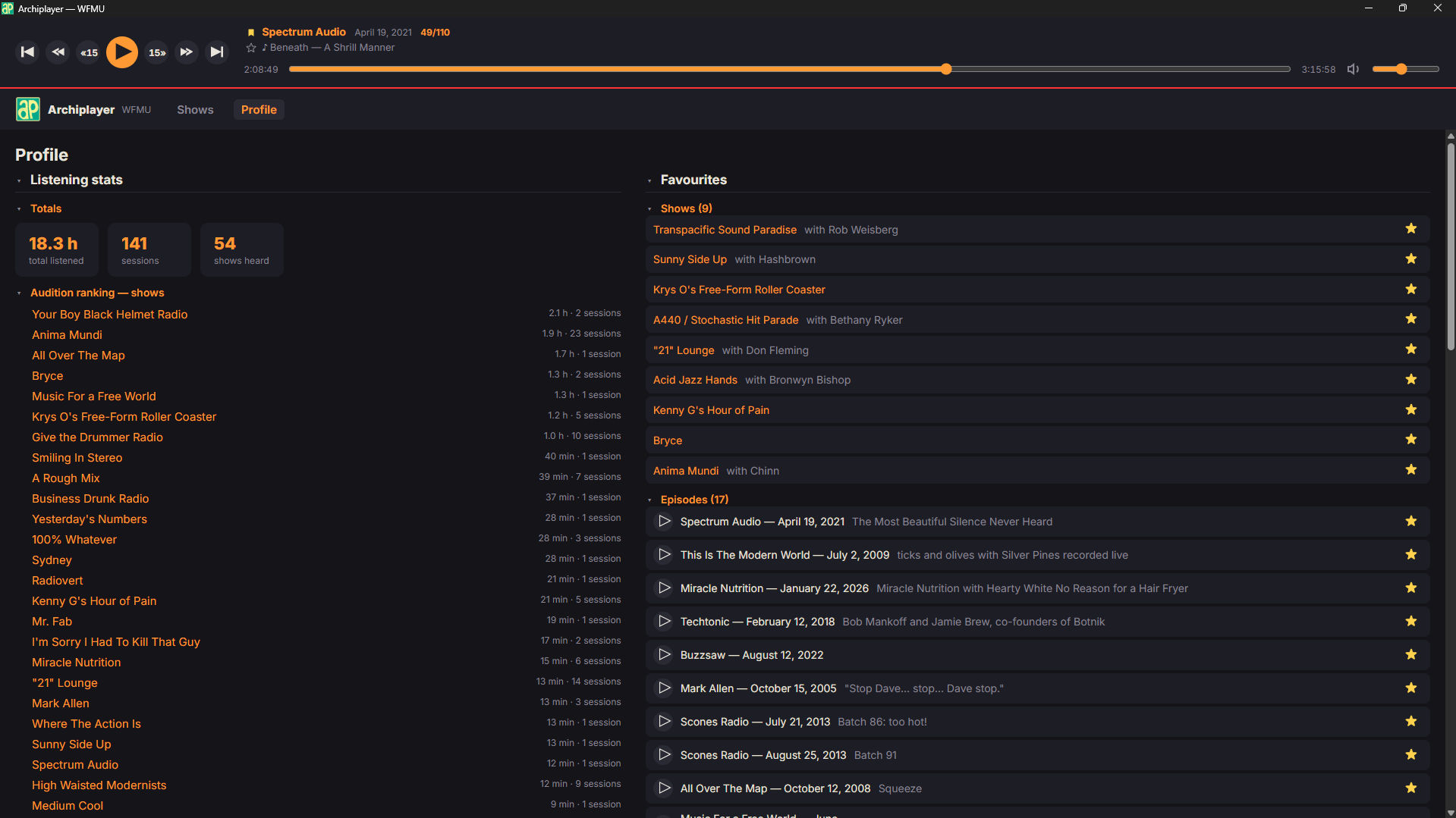 Archiplayer profile view showing private listening statistics, favourite shows, and saved episodes.